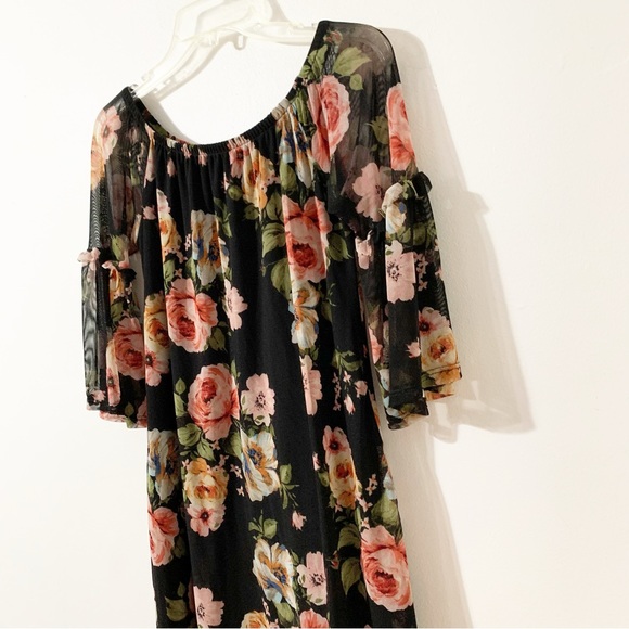 Potter’s Pot Floral Off The Shoulder Lined Dress Sheer Bell Sleeves with Ruffles - Picture 2 of 9